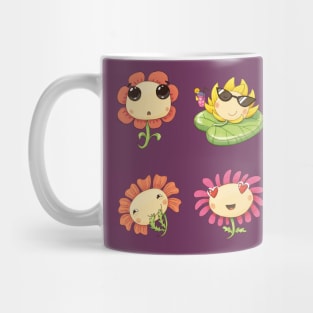 Set of emotions of cute characters in different flowers. Mug